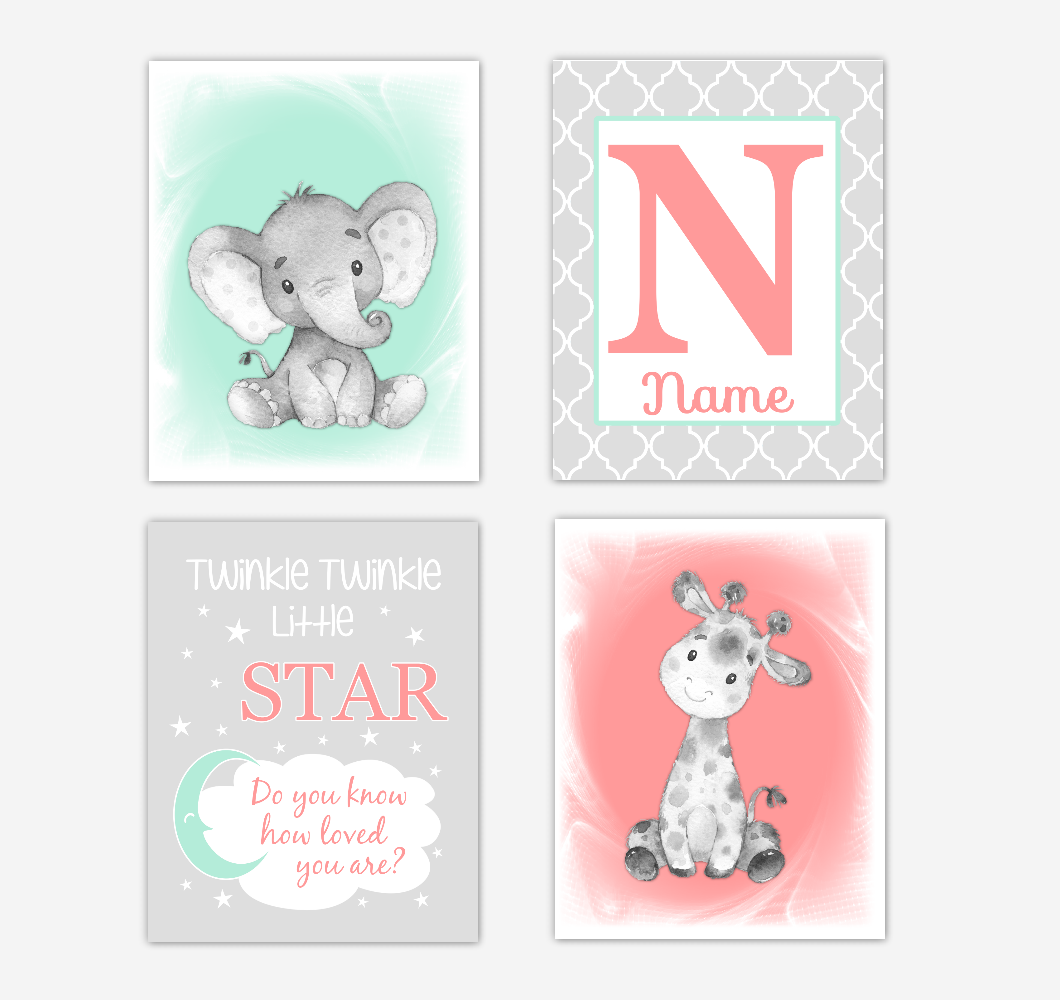 Safari Animals Coral Mint Green Baby Girl Nursery Decor Wall Art Prints Elephant Giraffe Personalized Pictures New Baby Girl SET OF 4 UNFRAMED PRINTS or CANVAS 02056