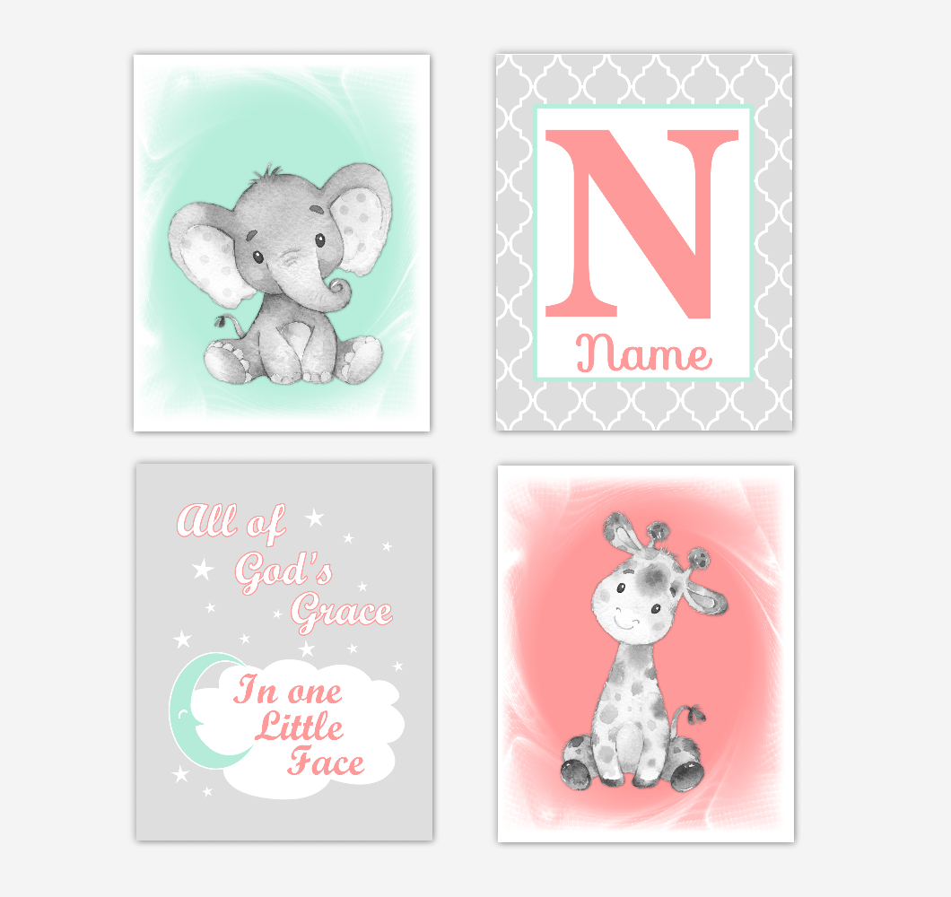 Safari Animals Coral Mint Green Baby Girl Nursery Decor Wall Art Prints Elephant Giraffe Personalized Pictures New Baby Girl SET OF 4 UNFRAMED PRINTS or CANVAS 02057