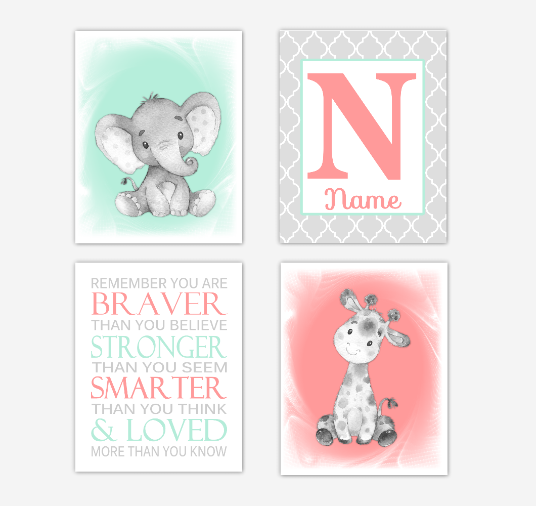 Safari Animals Coral Mint Green Baby Girl Nursery Decor Wall Art Prints Elephant Giraffe Personalized Pictures New Baby Girl SET OF 4 UNFRAMED PRINTS or CANVAS 02058
