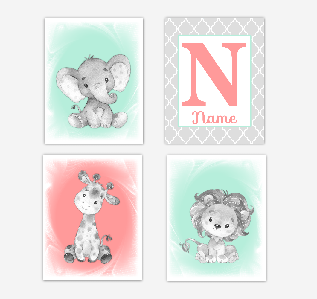 Safari Animals Coral Mint Green Baby Girl Nursery Decor Wall Art Prints Elephant Giraffe Personalized Pictures New Baby Girl SET OF 4 UNFRAMED PRINTS or CANVAS 02059