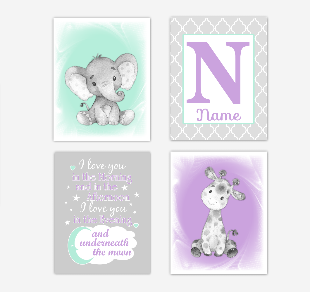 Safari Animals Purple Mint Green Baby Girl Nursery Decor Wall Art Prints Elephant Giraffe Personalized Pictures New Baby Girl SET OF 4 UNFRAMED PRINTS or CANVAS 02060