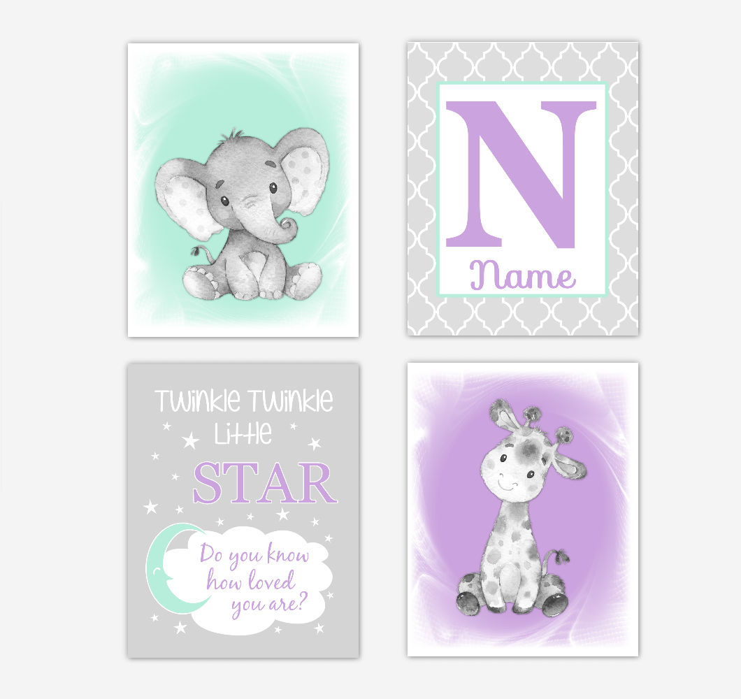 Safari Animals Purple Mint Green Baby Girl Nursery Decor Wall Art Prints Elephant Giraffe Personalized Pictures New Baby Girl SET OF 4 UNFRAMED PRINTS or CANVAS 02062