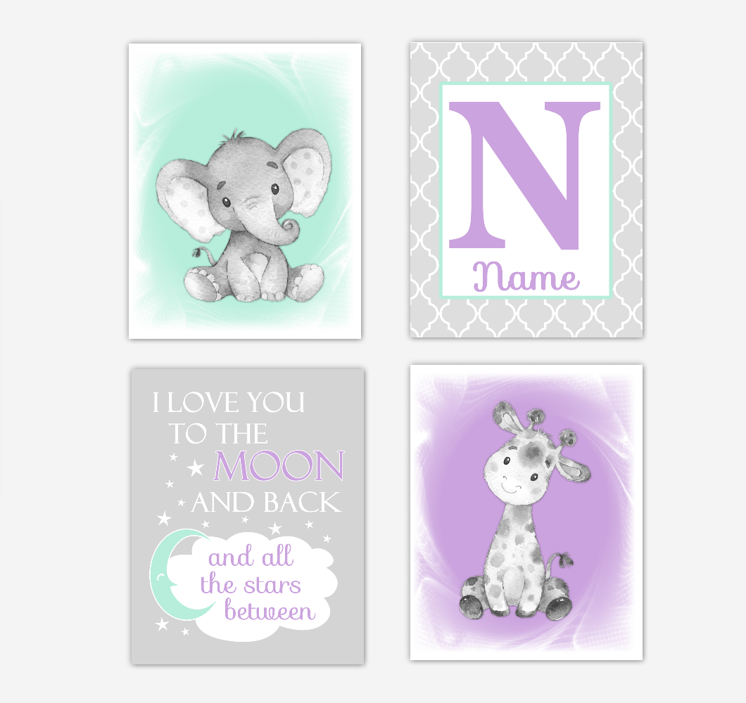 Safari Animals Purple Mint Green Baby Girl Nursery Decor Wall Art Prints Elephant Giraffe Personalized Pictures New Baby Girl SET OF 4 UNFRAMED PRINTS or CANVAS 02063