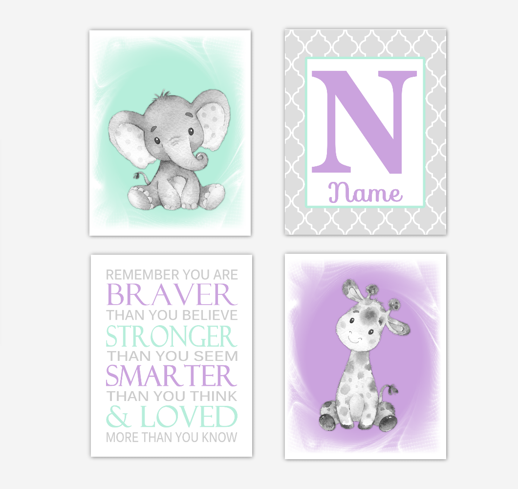 Safari Animals Purple Mint Green Baby Girl Nursery Decor Wall Art Prints Elephant Giraffe Personalized Pictures New Baby Girl SET OF 4 UNFRAMED PRINTS or CANVAS 02064