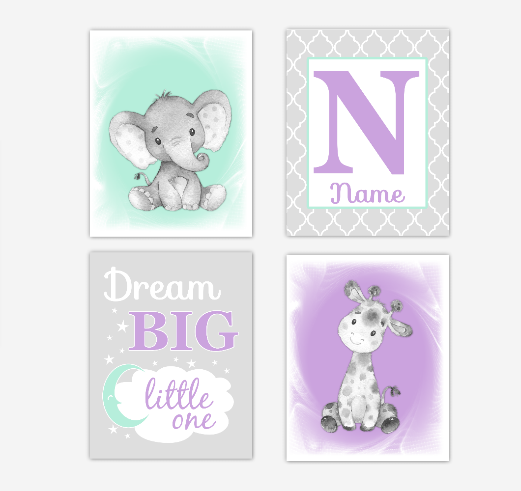 Safari Animals Purple Mint Green Baby Girl Nursery Decor Wall Art Prints Elephant Giraffe Personalized Pictures New Baby Girl SET OF 4 UNFRAMED PRINTS or CANVAS 02065