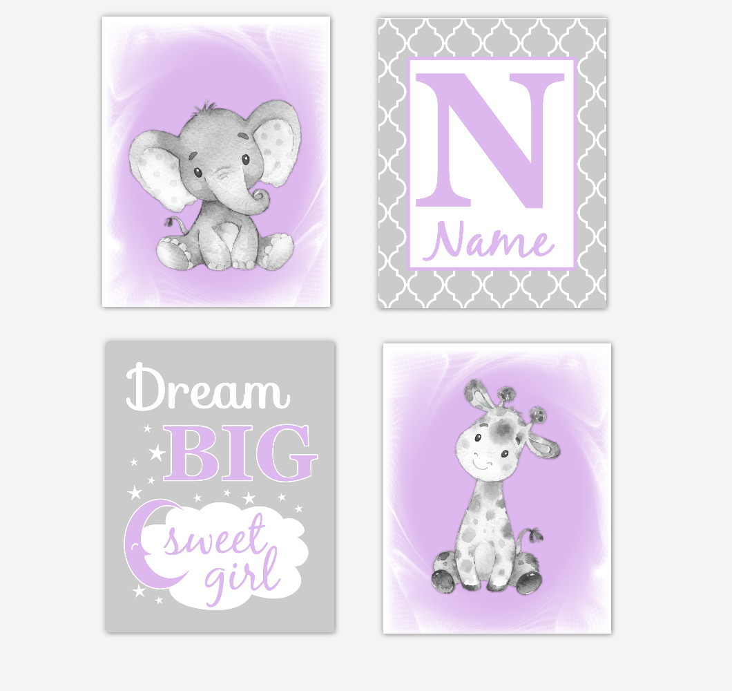 Safari Animals Purple Lavender Baby Girl Nursery Decor Wall Art Prints Elephant Giraffe Personalized Pictures New Baby Girl SET OF 4 UNFRAMED PRINTS or CANVAS 02066