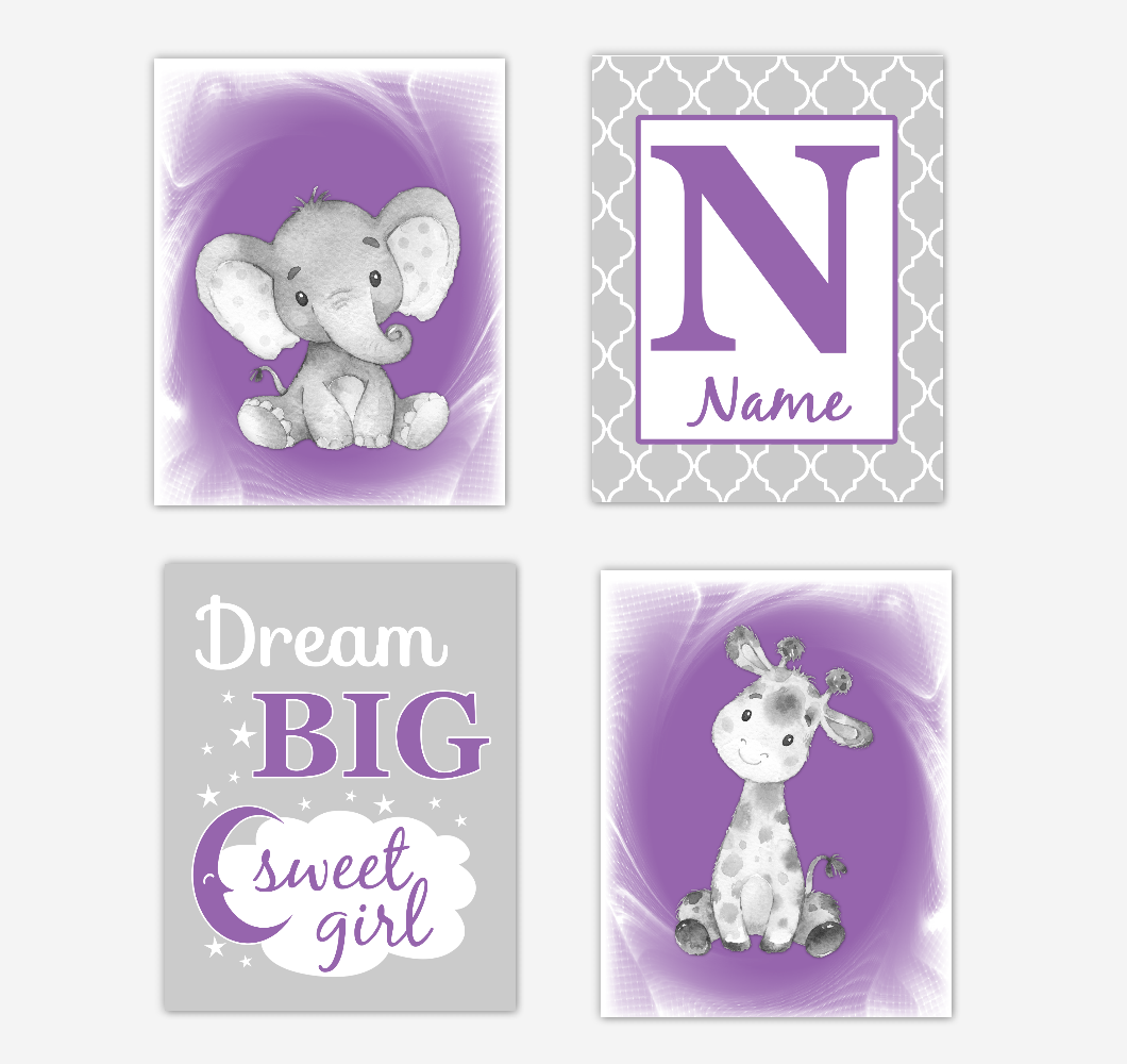 Safari Animals Purple Baby Girl Nursery Decor Wall Art Prints Elephant Giraffe Personalized Pictures New Baby Girl SET OF 4 UNFRAMED PRINTS or CANVAS 02067