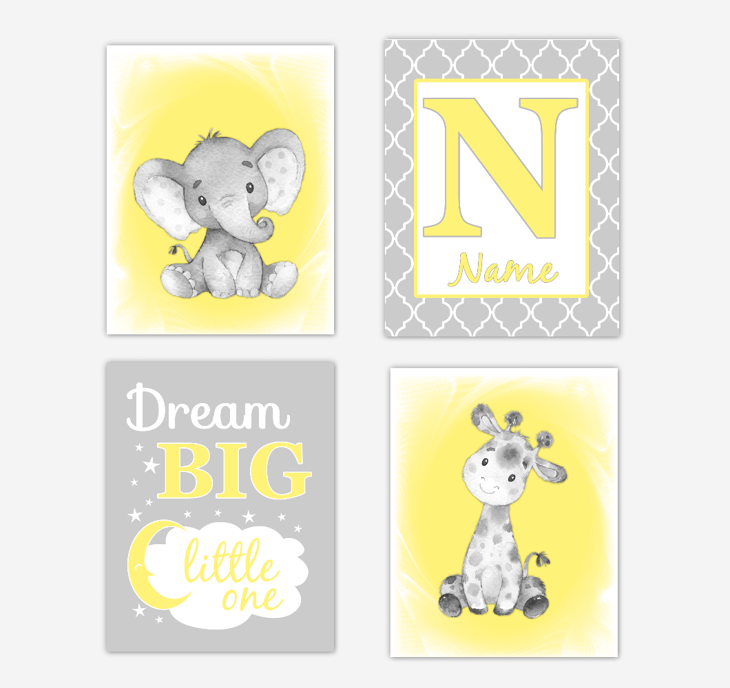 Gender Neutral Yellow Safari Animals Baby Nursery Decor Wall Art Prints Elephant Giraffe Personalized Pictures New Baby Gift SET OF 4 UNFRAMED PRINTS or CANVAS 02068