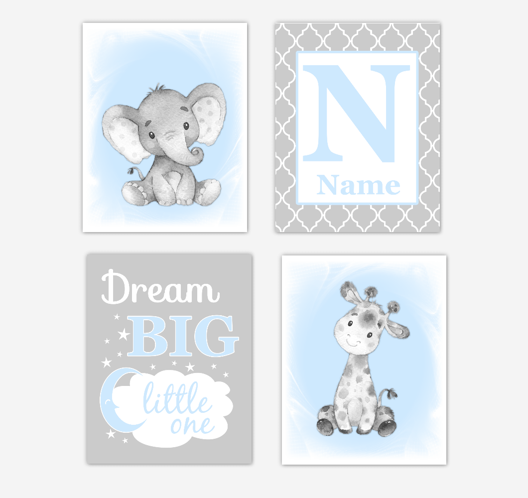 Blue Gray Safari Animals Baby Boy Nursery Decor Wall Art Prints Elephant Giraffe Personalized Pictures New Baby Gift SET OF 4 UNFRAMED PRINTS or CANVAS 02069