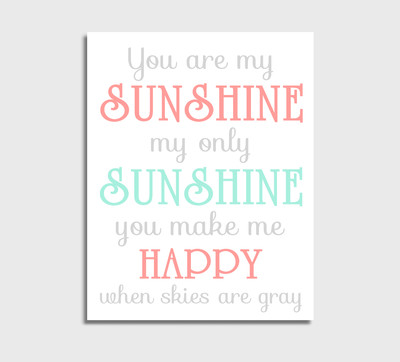 Pink Mint You Are My Sunshine Baby Girl Nursery Wall Art