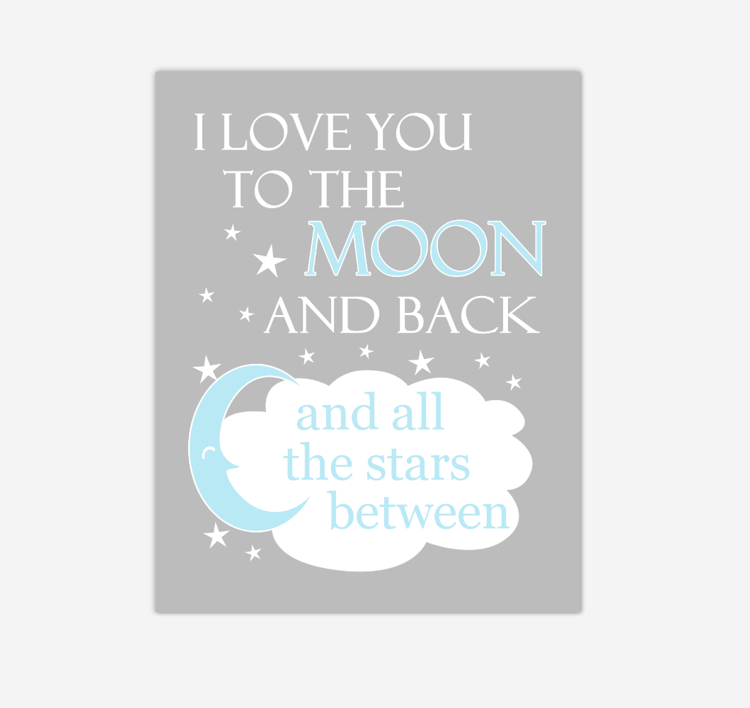 Blue Gray I Love You To The Moon And Back Baby Boy Nursery Wall Art Print Canvas Decor Inspirational Quotes 02248