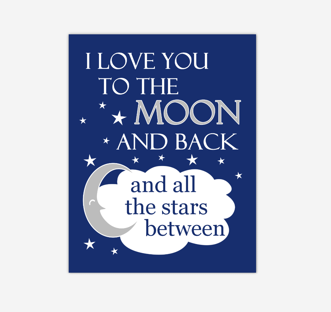 Navy Blue I Love You To The Moon And Back Baby Boy Nursery Wall Art Print Canvas Decor Inspirational Quotes 02249