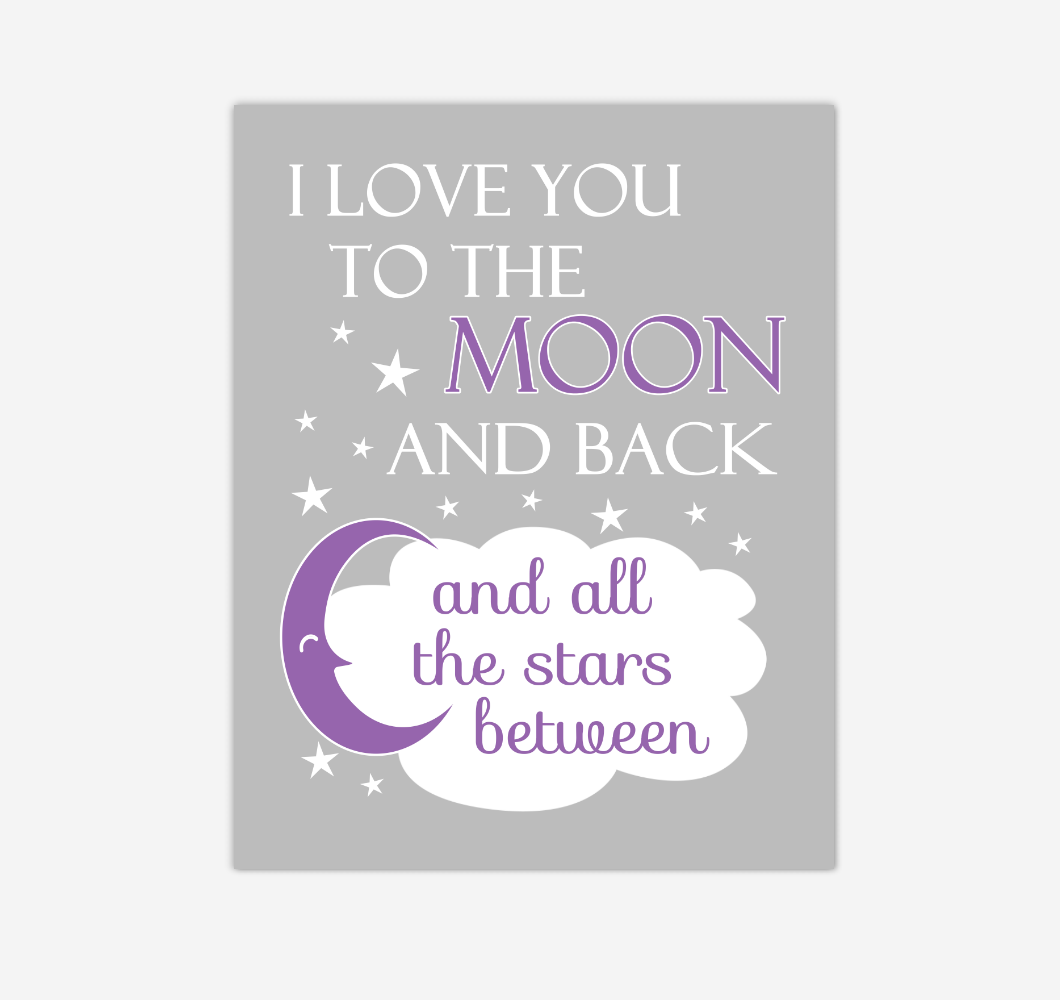 Purple I Love You To The Moon And Back Baby Girl Nursery Wall Art Print Canvas Decor Inspirational Quotes 02252