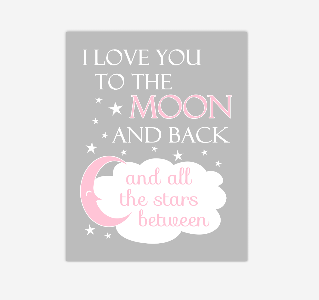 Pink I Love You To The Moon And Back Baby Girl Nursery Wall Art Print Canvas Decor Inspirational Quotes 02254