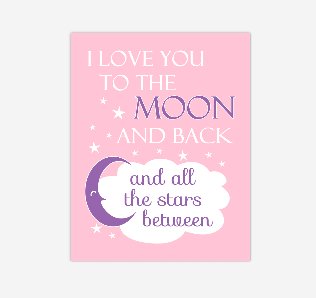Pink Purple I Love You To The Moon And Back Baby Girl Nursery Wall Art Print Canvas Decor Inspirational Quotes 02255