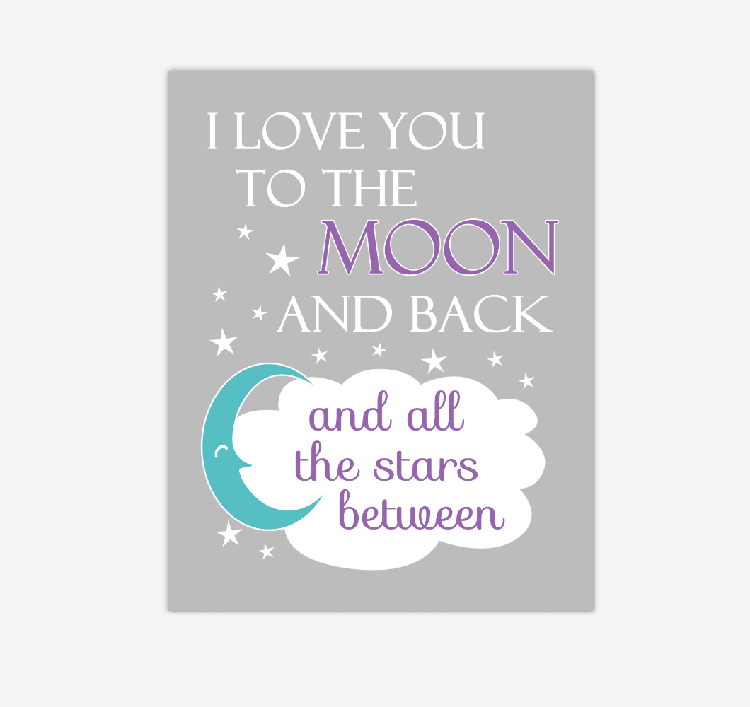 Purple Teal Aqua I Love You To The Moon And Back Baby Girl Nursery Wall Art Print Canvas Decor Inspirational Quotes 02256