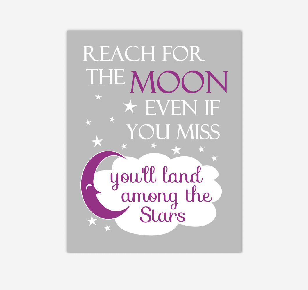 Purple Reach For The Moon Baby Girl Nursery Wall Art Print Canvas Decor Inspirational Kids Bedroom Quotes