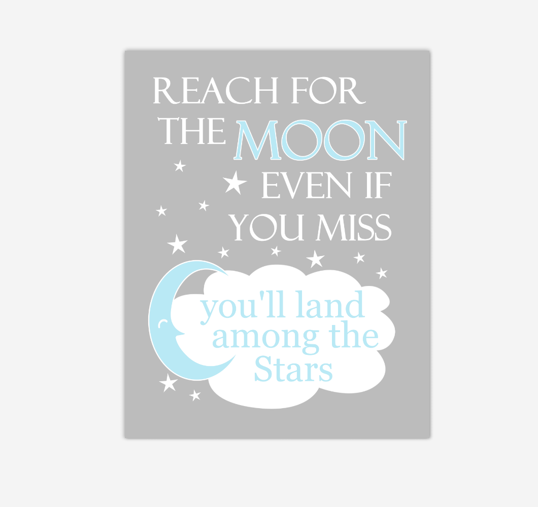 Blue Reach For The Moon Baby Boy Nursery Wall Art Print Canvas Decor Inspirational Kids Bedroom Quotes 02262