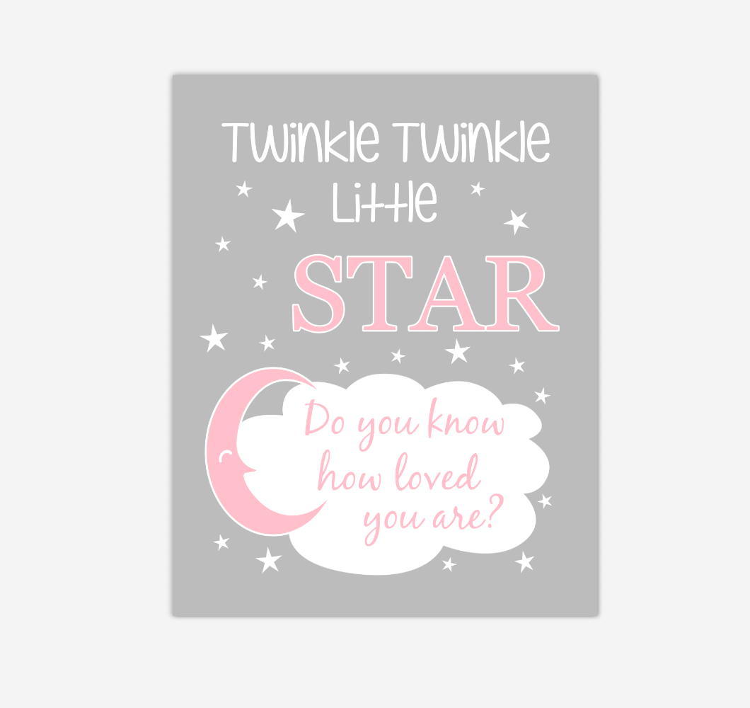 Pink Gray Twinkle Little Star Baby Girl Nursery Wall Art Print Canvas Decor Inspirational Kids Bedroom Quotes 02274
