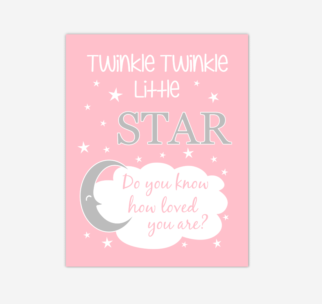 Pink Gray Twinkle Little Star Baby Girl Nursery Wall Art Print Canvas Decor Inspirational Kids Bedroom Quotes 02275