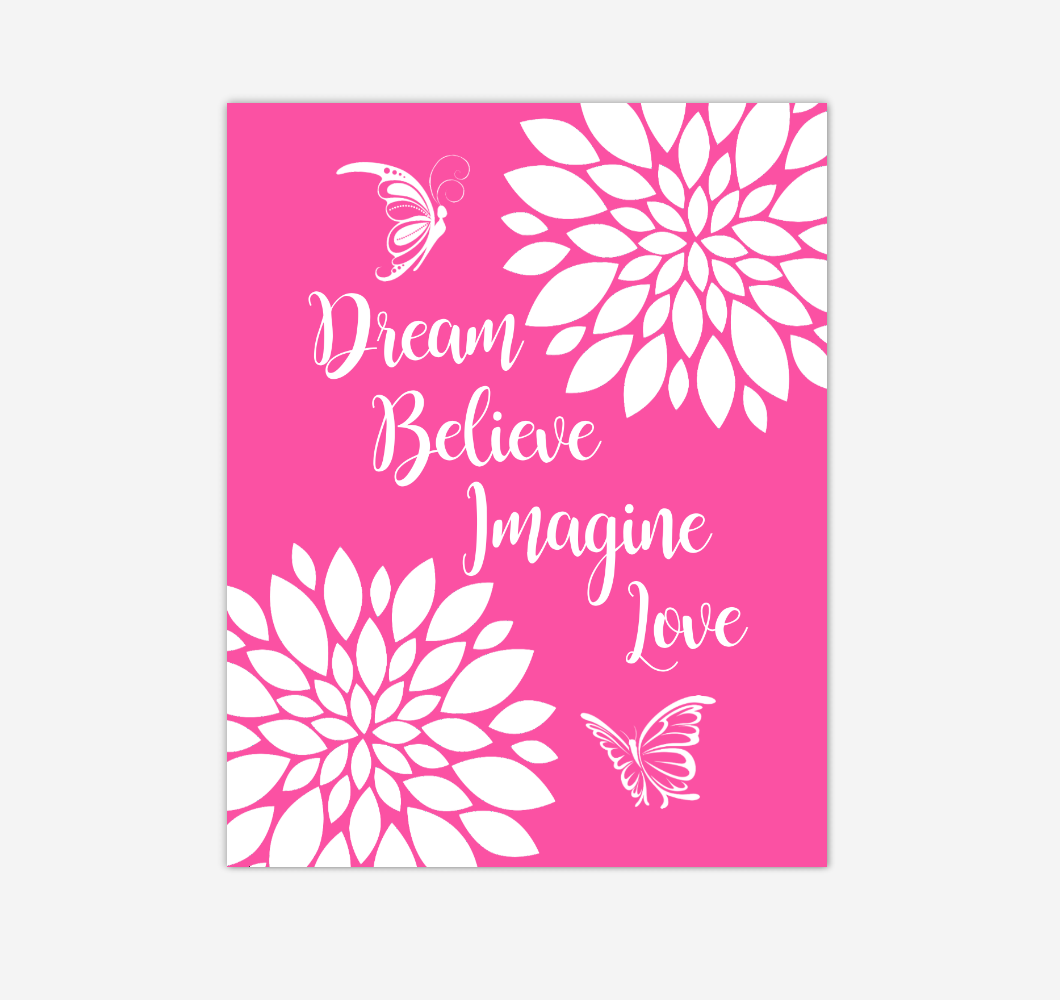 Pink Dahlia Floral Butterfly Baby Girl Nursery Wall Art Print Canvas Flower Decor Inspirational Kids Bedroom Quotes 02280