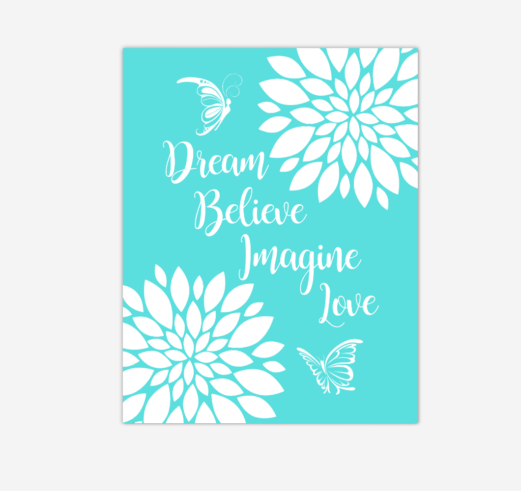 Teal Dahlia Floral Butterfly Baby Girl Nursery Wall Art Print Canvas Flower Decor Inspirational Kids Bedroom Quotes 02283
