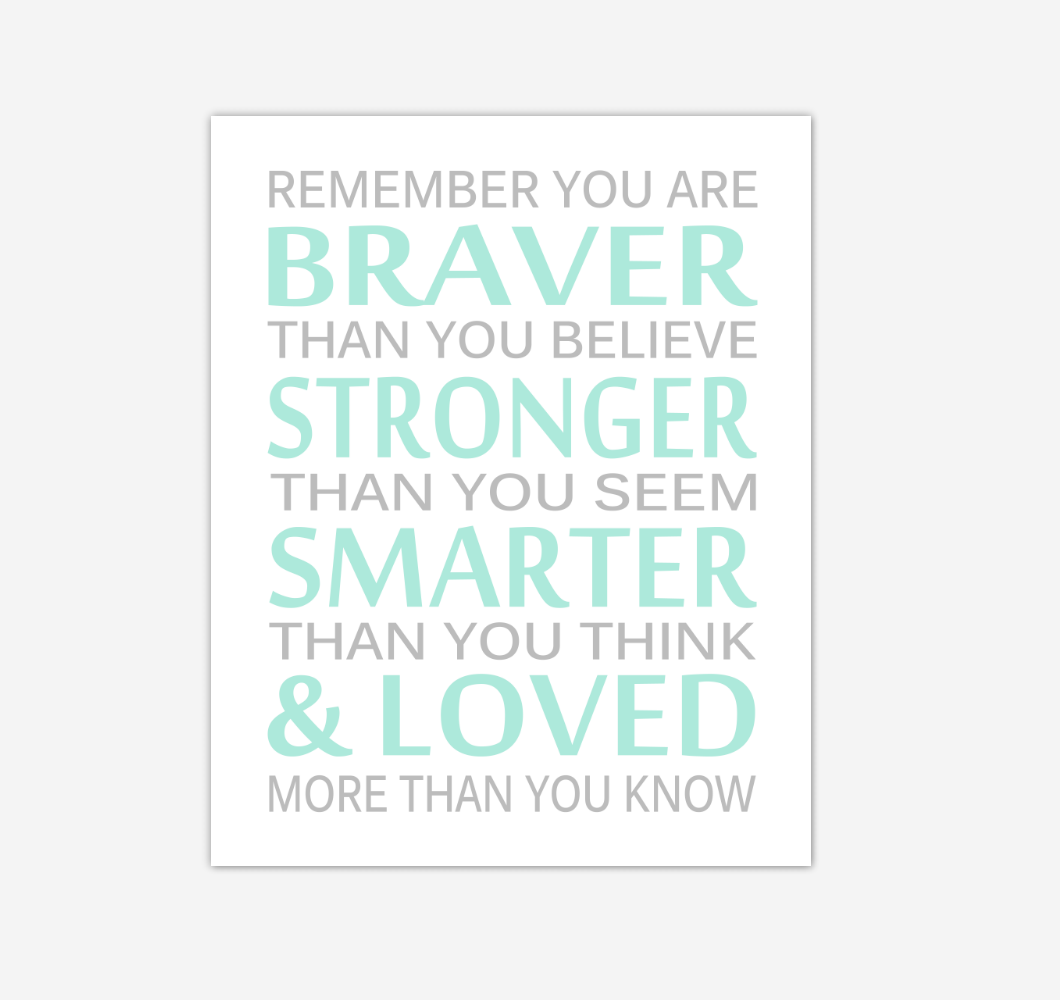 Mint Green Gray Remember You Are Braver Baby Boy Nursery Wall Art Print Canvas Decor Inspirational Quotes 02284