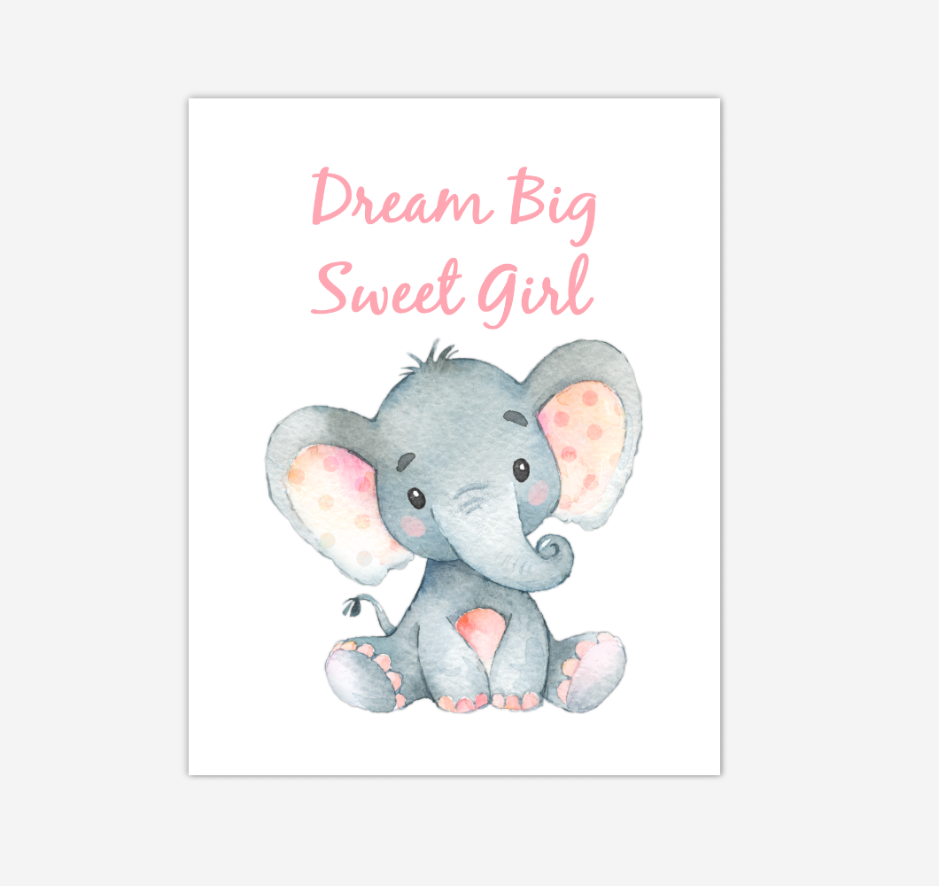 Elephant Baby Girl Nursery Wall Art Canvas Prints Safari Animals Dream Big Baby Nursery Decor 02285