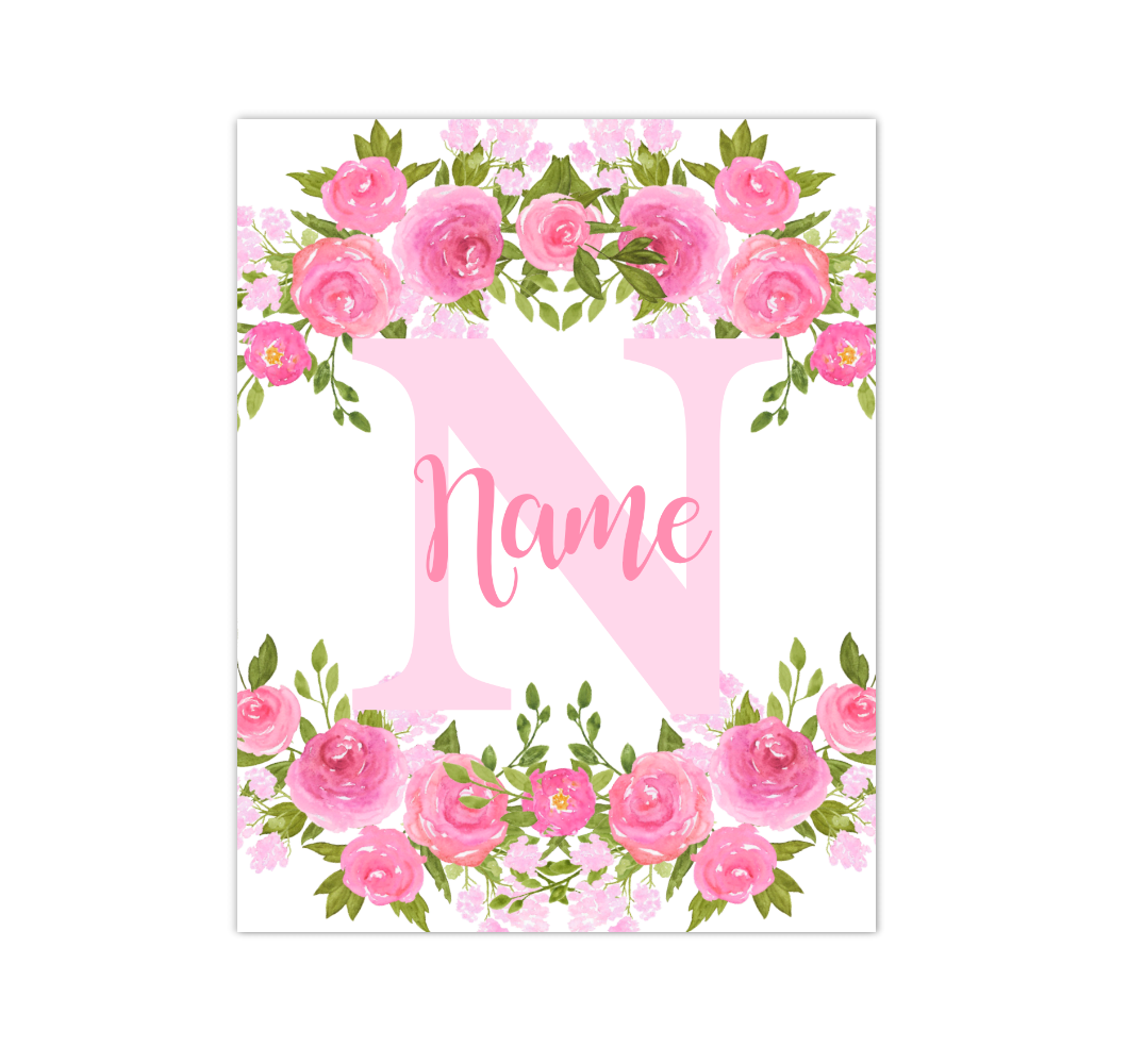 Pink Floral Watercolor Flowers Personalized Baby Girl Nursery Wall Art Canvas Prints Girl Bedroom Decor 02288