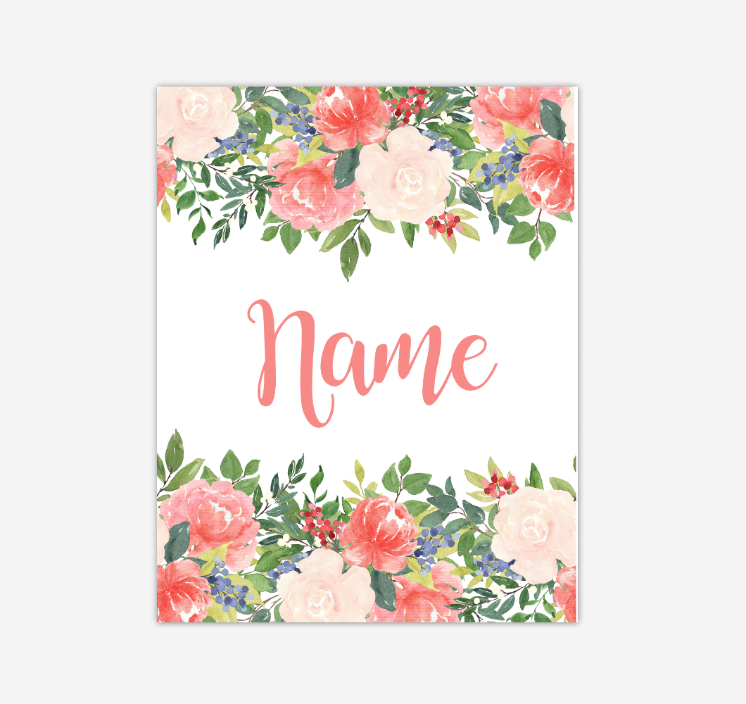 Coral Floral Watercolor Flowers Personalized Baby Girl Nursery Wall Art Canvas Prints Girl Bedroom Decor 02290