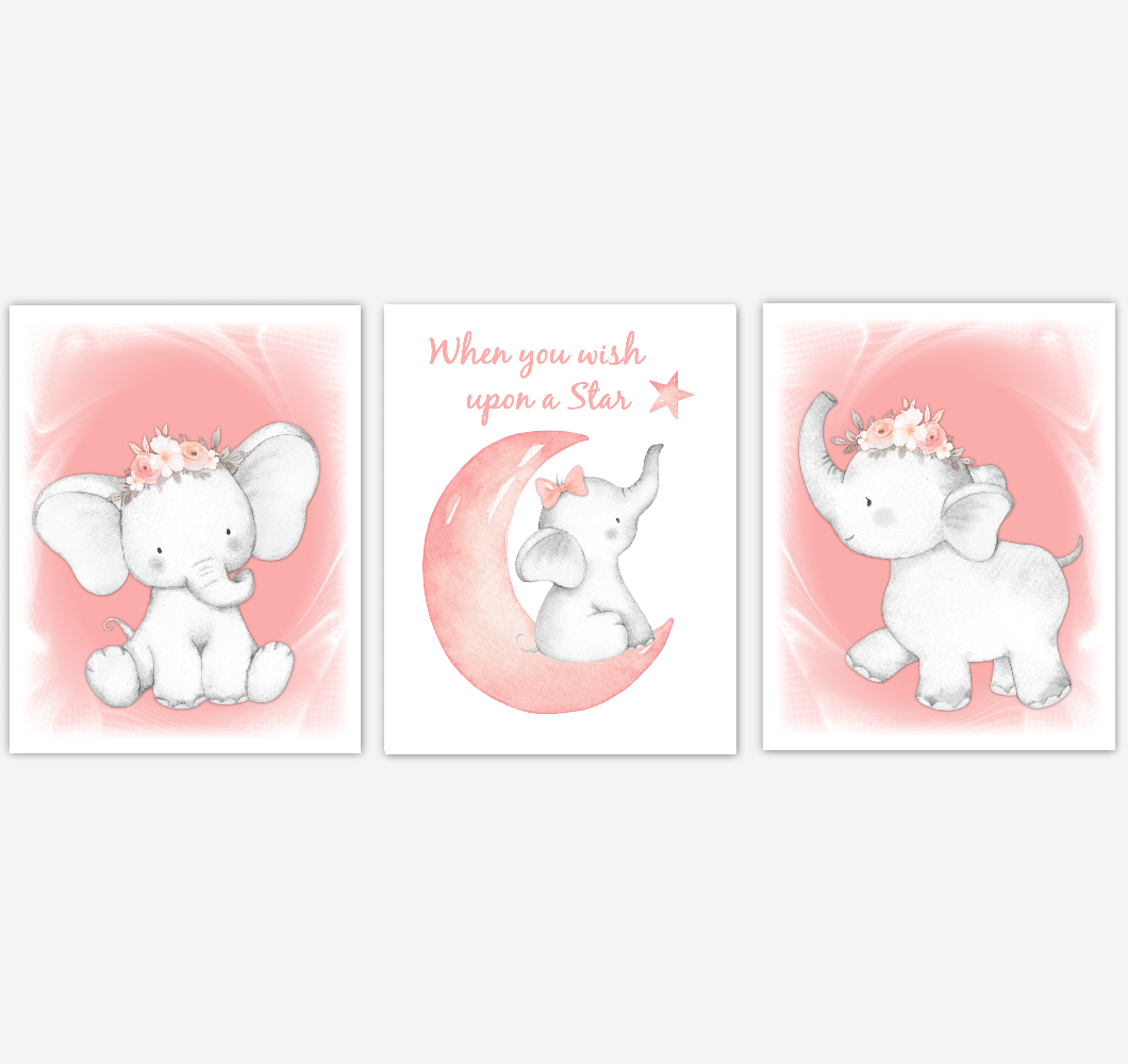 Coral Elephant Baby Girl Nursery Decor Wall Art Prints Elephant Home Decor Kids Bedroom Pictures Set of 3 UNFRAMED PRINTS or CANVAS 39258