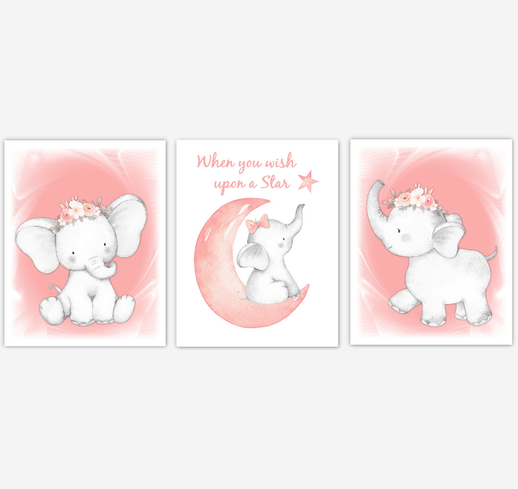 Coral Elephant Baby Girl Nursery Decor Wall Art Prints Elephant Home Decor Kids Bedroom Pictures Set Of 3 Unframed Prints Or Canvas