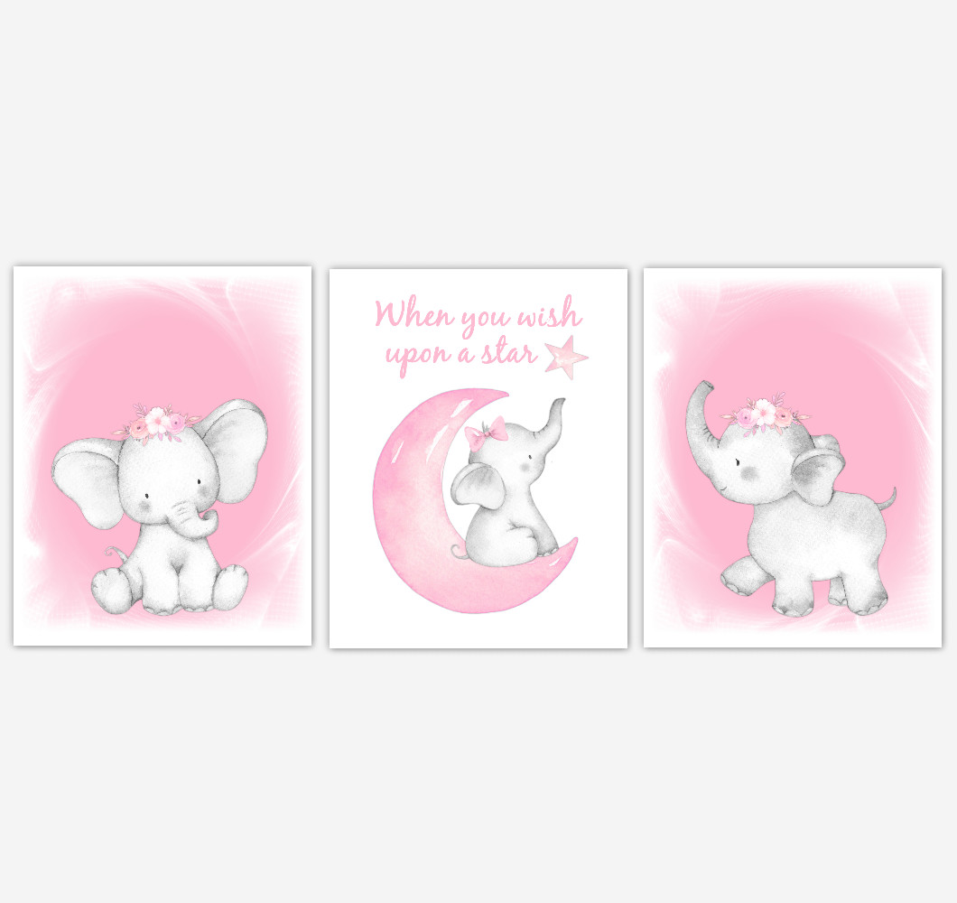 Pink Elephant Baby Girl Nursery Decor Watercolor Wall Art Shower Gift Kids Bedroom Pictures Set Of 3 Unframed Prints Or Canvas