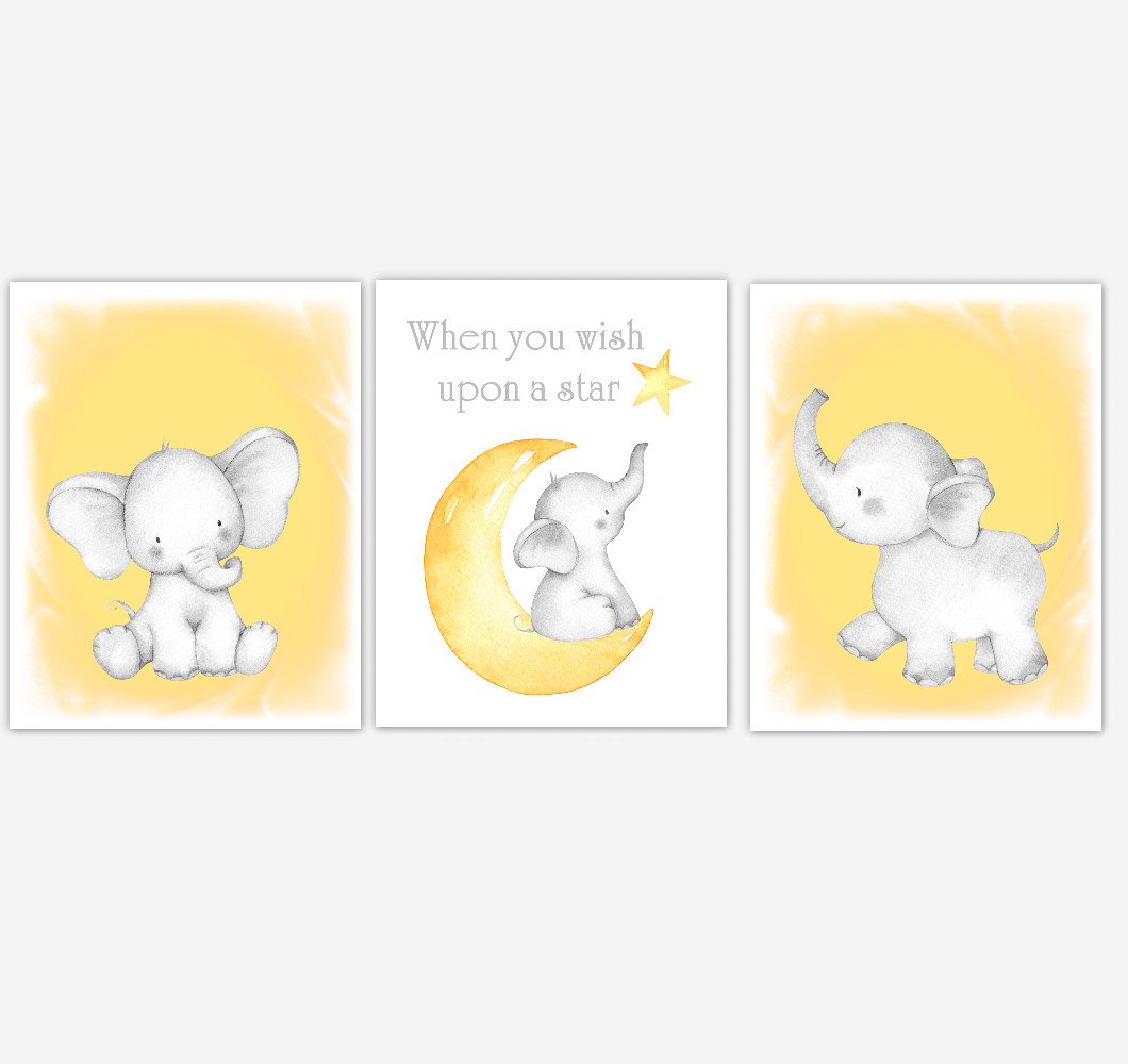 Yellow Elephant Baby Girl Nursery Decor Watercolor Wall Art Shower Gift Kids Bedroom Pictures Set Of 3 Unframed Prints Or Canvas