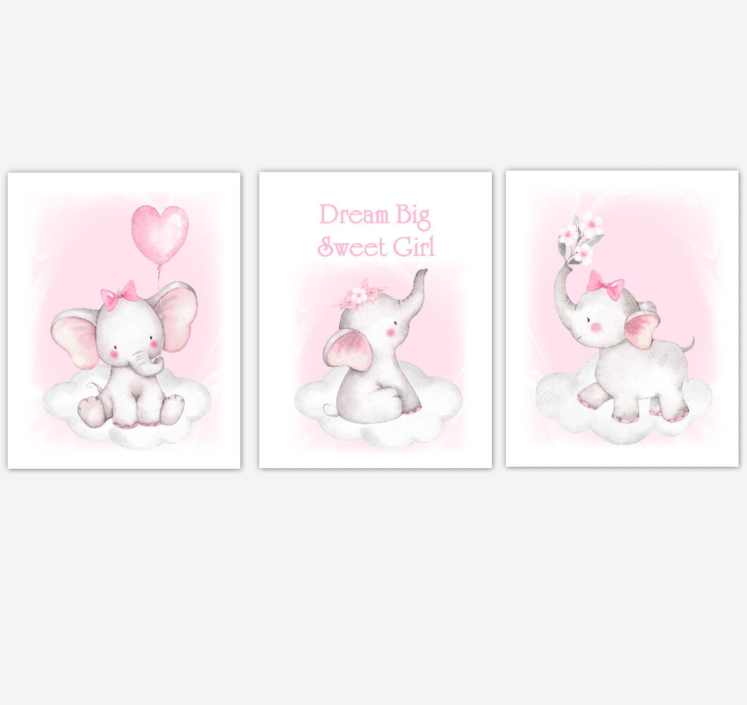 Pink Elephant Baby Girl Nursery Decor Watercolor Wall Art Shower Gift Kids Bedroom Pictures Set Of 3 Unframed Prints Or Canvas