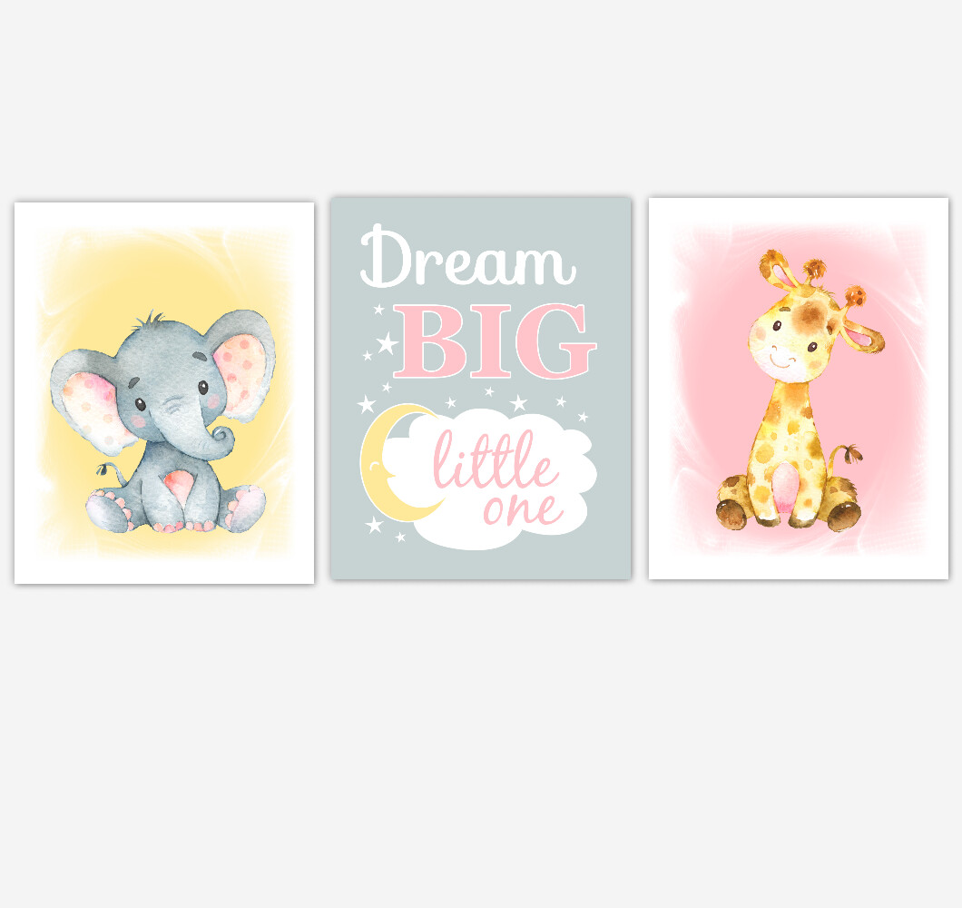 Pink Elephant Baby Girl Nursery Decor Watercolor Wall Art Shower Gift Kids Bedroom Pictures Set Of 3 Unframed Prints Or Canvas