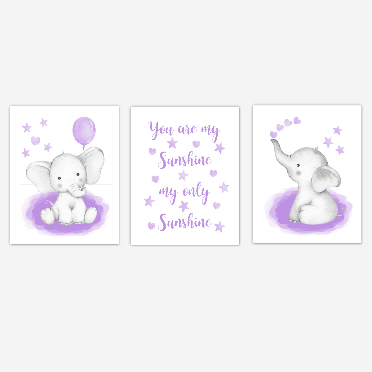 Watercolor Purple Elephants Baby Girl Nursery Art Wall Decor 3