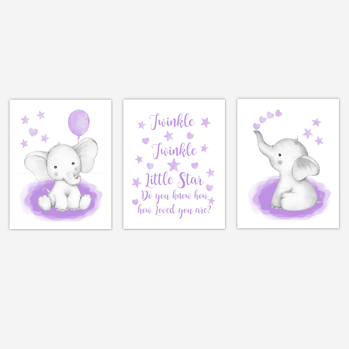 Watercolor Purple Elephants Baby Girl Nursery Art Wall Decor 3