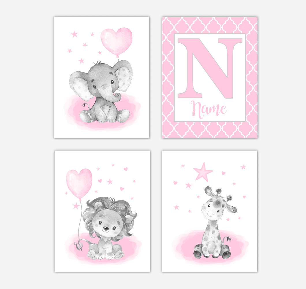 Watercolor Pink Elephant With Balloon Baby Girl Nursery Art Personalized Wall Decor 3 UNFRAMED PRINTS