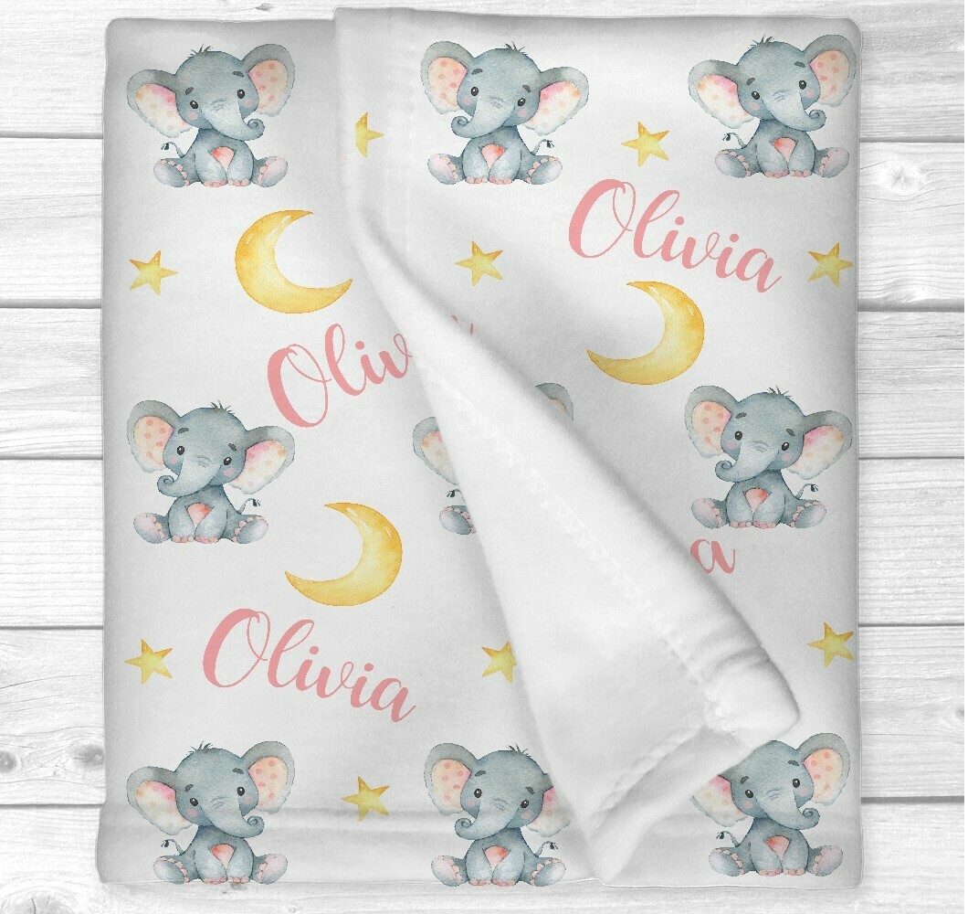 Personalized Baby Girl Blanket Pink Yellow Elephant Blanket Crib