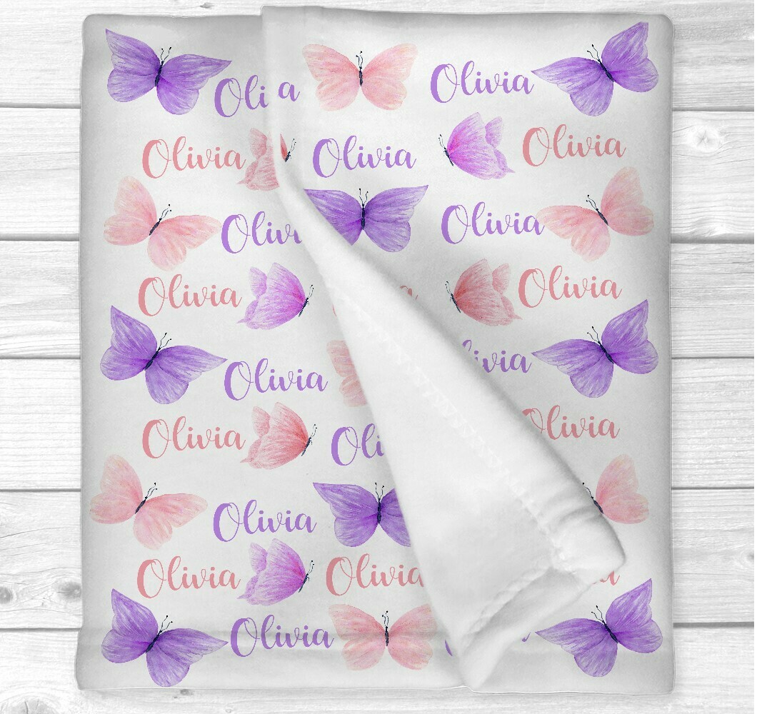 Personalized Baby Girl Nursery Blanket Pink Purple Butterfly Baby