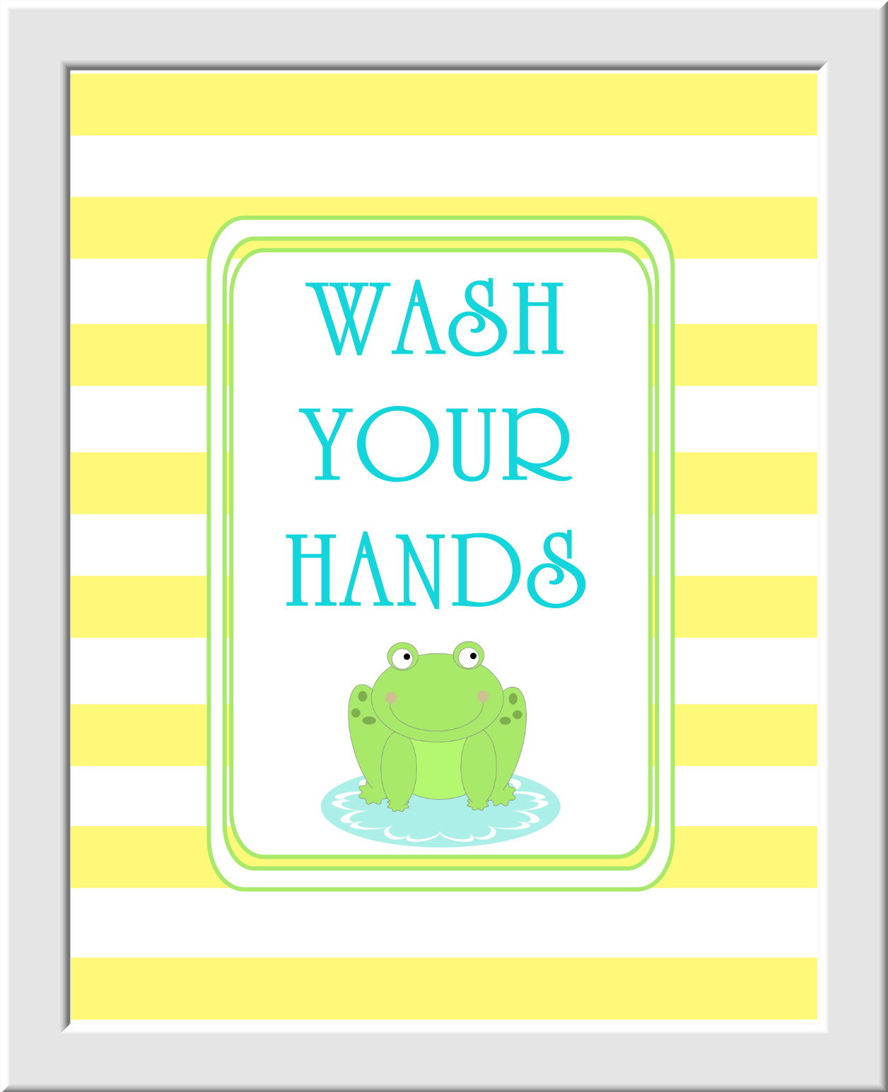 Baby Nursery Wall Art Kids Bathroom - Set of 3 - Wash Splash Brush Teeth - Green Frog Yellow Teal - Boys - Girls