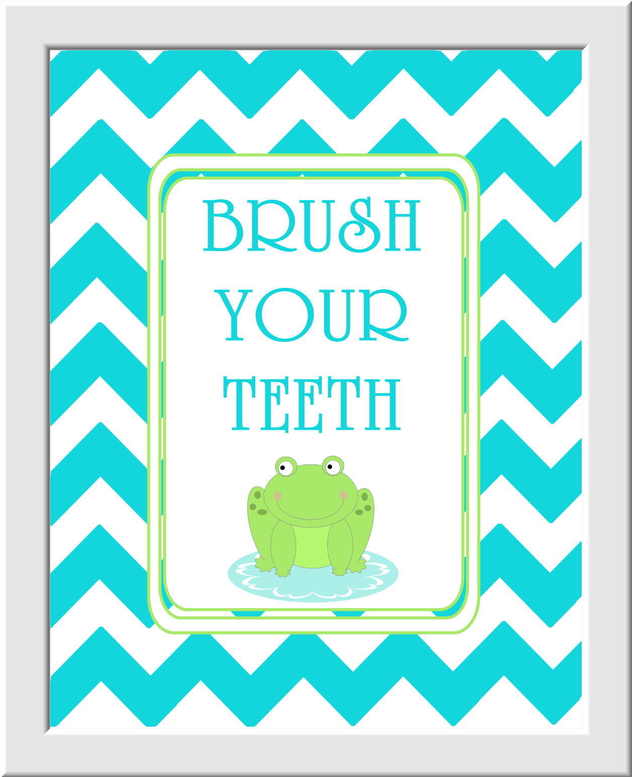 Baby Nursery Wall Art Kids Bathroom - Set of 3 - Wash Splash Brush Teeth - Green Frog Yellow Teal - Boys - Girls