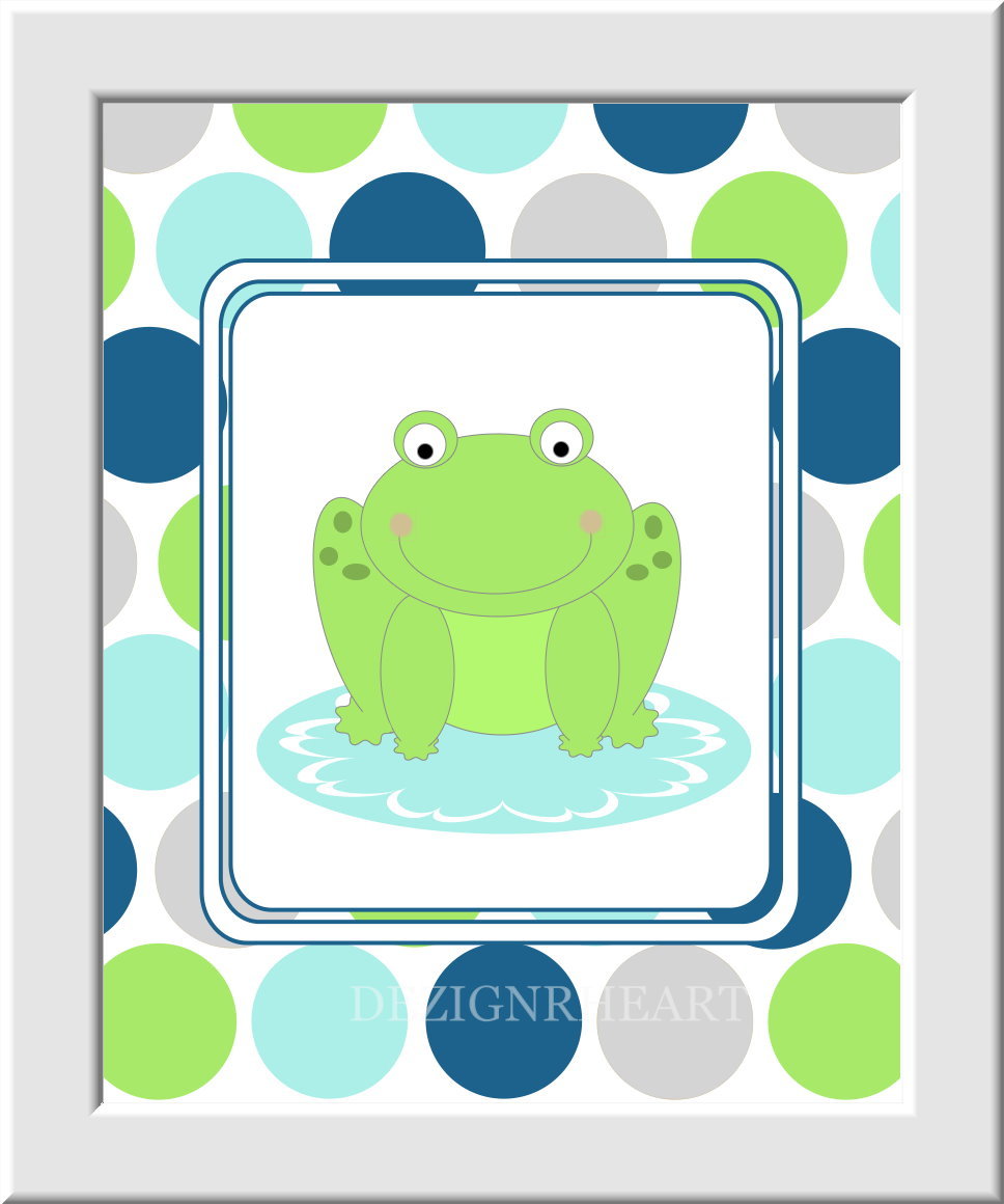 Baby Nursery Wall Art Kids Bathroom - Set of 3 - Wash Hands Brush Teeth - Green Frog Blue Gray Light Cyan - Boys - Girls