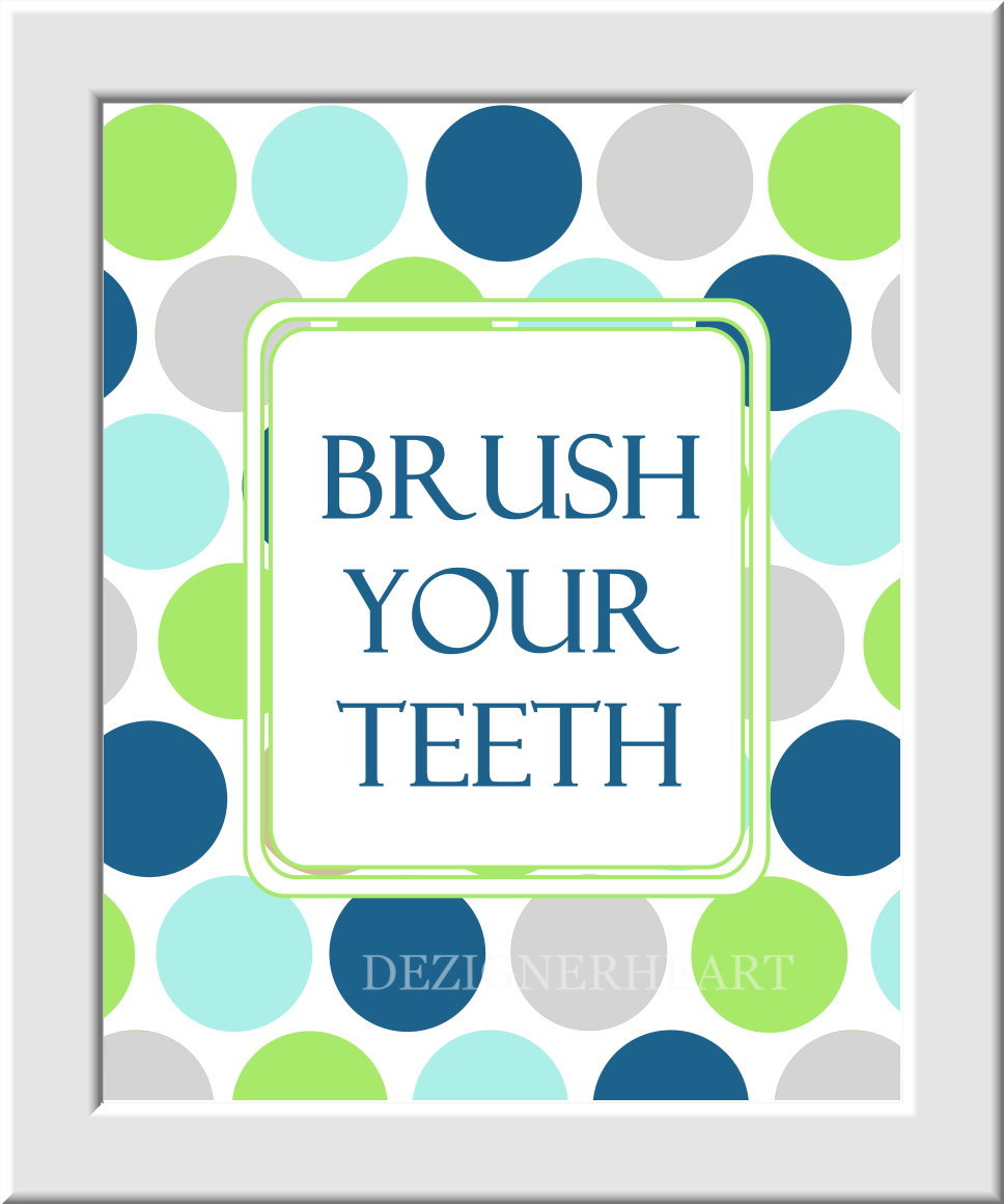 Baby Nursery Wall Art Kids Bathroom - Set of 3 - Wash Hands Brush Teeth - Green Frog Blue Gray Light Cyan - Boys - Girls