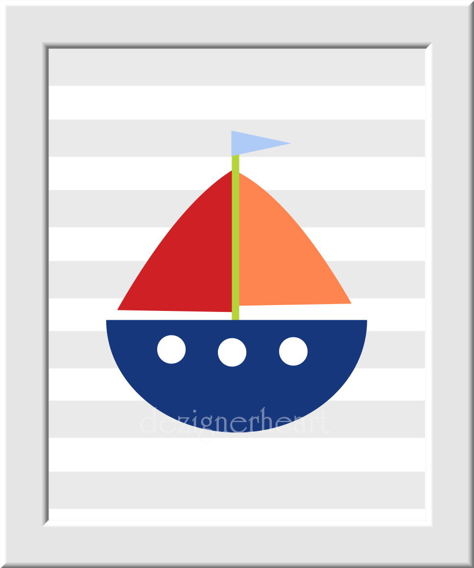 Baby Nursery Wall Art - Boat Plane Helicopter Train - Set of 4 - Blue Red Orange - Transportation - Boys