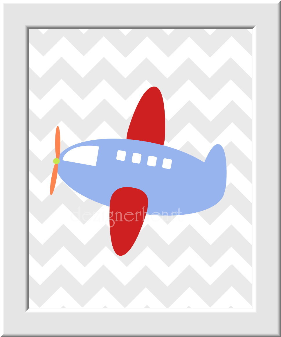 Baby Nursery Wall Art - Boat Plane Helicopter Train - Set of 4 - Blue Red Orange - Transportation - Boys