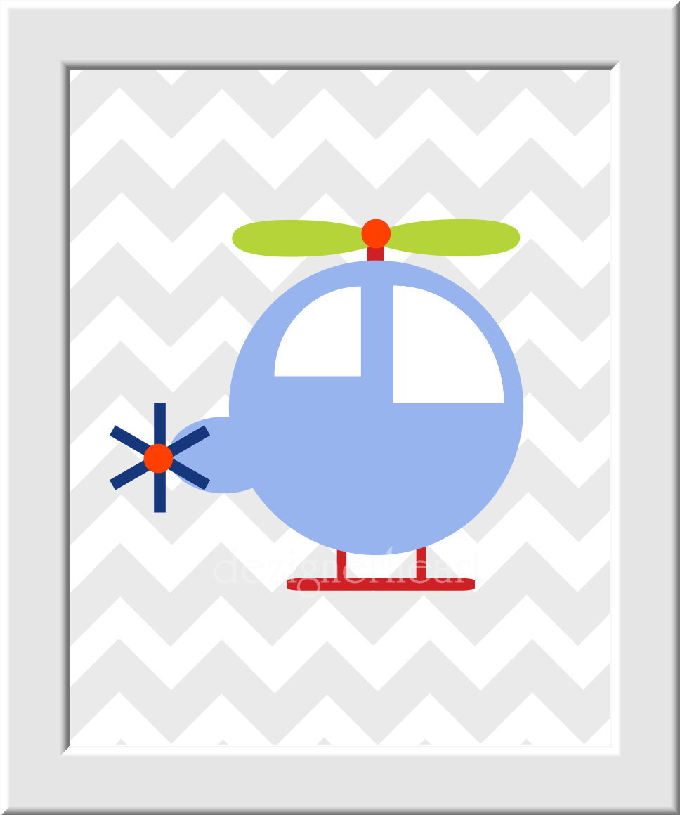 Baby Nursery Wall Art - Boat Plane Helicopter Train - Set of 4 - Blue Red Orange - Transportation - Boys
