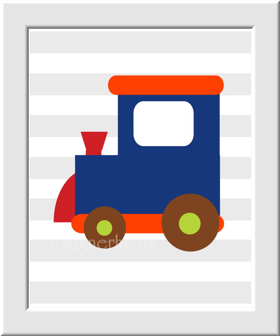 Baby Nursery Wall Art - Boat Plane Helicopter Train - Set of 4 - Blue Red Orange - Transportation - Boys