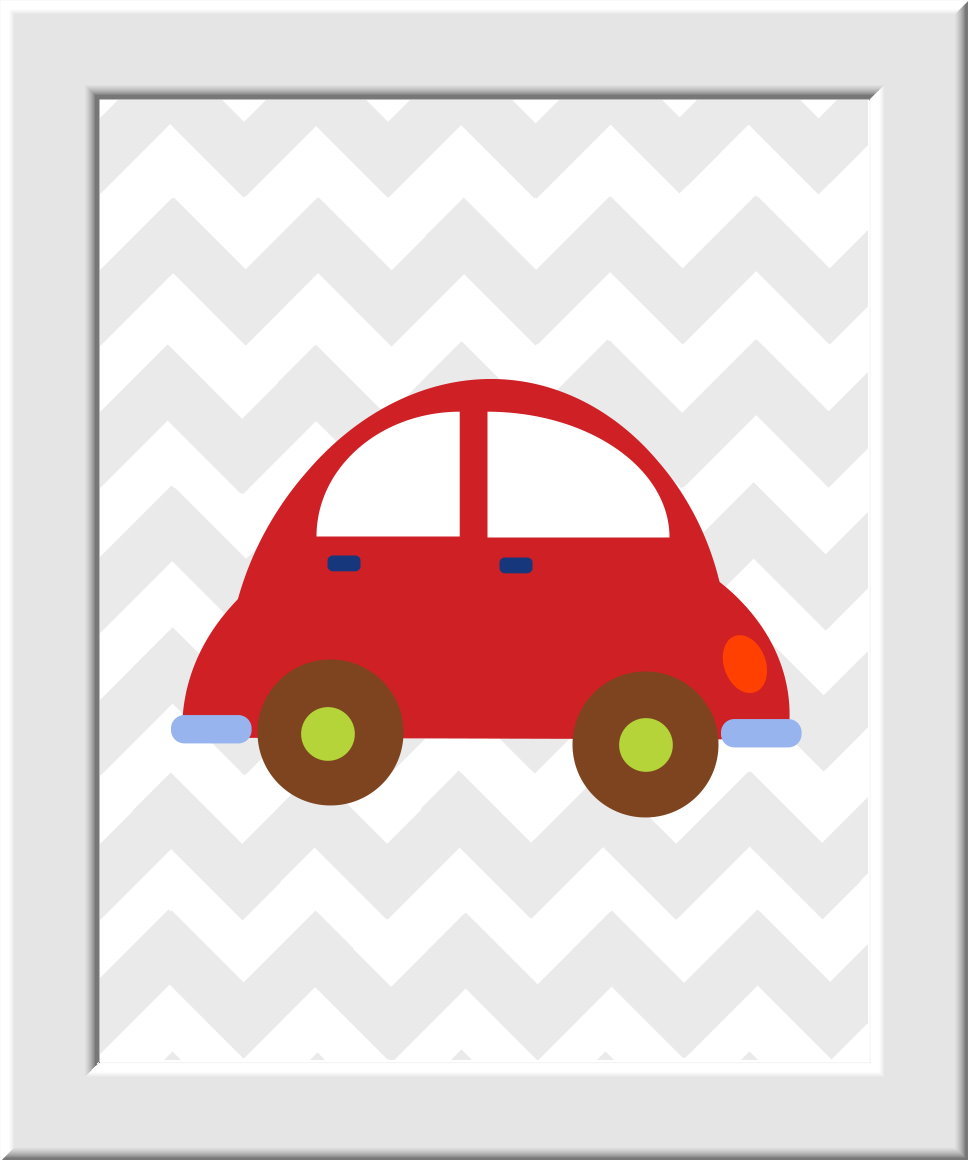 Baby Nursery Wall Art - Boat Firetruck Car Train - Set of 4 - Blue Red Orange - Transportation - Boys